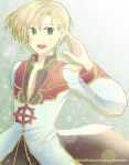  1boy black_coat blonde_hair blush coat commentary_request cowboy_shot cross_of_prontera dated dated_commentary earrings gold_trim green_background high_priest_(ragnarok_online) jewelry long_sleeves looking_at_viewer male_focus multicolored_coat open_mouth ragnarok_online red_coat sharari short_hair smile solo two-tone_coat white_coat 