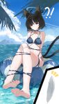  1girl absurdres animal_ear_fluff animal_ears barefoot bikini black_bikini black_hair blue_archive breasts cat_ears cat_girl cat_tail character_request day feet halo highres kakyouin2002 looking_at_viewer multiple_tails navel ocean short_hair soles swimsuit tail tail_raised toes two_tails 