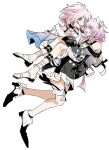  2girls black_coat black_shoes blue_eyes breasts carrying chinese_commentary coat commentary_request cyrene_(honkai:_star_rail) hair_ornament highres honkai:_star_rail honkai_(series) huangmen_jijimifan jewelry march_7th_(honkai:_star_rail) march_7th_(preservation)_(honkai:_star_rail) multicolored_eyes multiple_girls necklace open_mouth pink_hair princess_carry shoes simple_background skirt small_breasts two-tone_eyes white_background white_skirt yuri 
