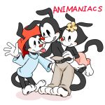  animaniacs black_fur blush brother clothing dot_warner female flower flower_in_hair fur gloves group hat looking_at_viewer male mammal one_eye_closed pants plant sibling simple_background sister skirt smile tongue tongue_out wakko_warner warner_brothers waving wink yakko_warner zehn 