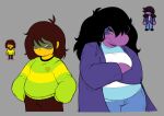 ambiguous_gender anthro bottomwear brown_clothing clothed clothing crossed_arms deltarune denim denim_bottomwear denim_clothing duo female freckles hair hair_over_eye hand_in_pocket heart_symbol hi_res human jacket jeans kris_(deltarune) long_hair looking_at_viewer mammal navigator8 nonbinary_(lore) pants pockets purple_body purple_skin red_eyes scalie shirt simple_background slightly_chubby sprite susie_(deltarune) sweater topwear undertale_(series) yellow_eyes