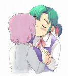  2girls aqua_hair closed_eyes earrings hatsuseno_alpha holding_hands interlocked_fingers jewelry kiss multiple_girls ponytail purple_hair purple_vest scene_reference shirt short_hair simple_background takatsu_kokone tsubobot vest white_background white_shirt yokohama_kaidashi_kikou 