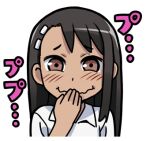  1girl 774_(nanashi) black_hair blush brown_eyes closed_mouth collared_shirt hand_to_own_mouth ijiranaide_nagatoro-san long_hair lowres nagatoro_hayase raised_inner_eyebrows shirt simple_background smile solo stifled_laugh tan upper_body wavy_mouth white_background white_shirt 