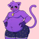 1:1 an0malyz3r0 anthro arm_tuft belly belly_grab big_butt black_nose black_sclera blush bodily_fluids butt catnap_(poppy_playtime) clothing domestic_cat embarrassed felid feline felis fur head_tuft hi_res jewelry long_tail looking_at_self looking_down male mammal mob_entertainment moobs necklace overweight pattern_clothing pattern_underwear poppy_playtime pupils purple_belly purple_body purple_ears purple_fur shaded simple_background simple_shading smiling_critters solo sweat sweatdrop tail thick_thighs tuft underwear weight_conscious white_pupils