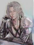  1boy arm_on_table armor bare_pectorals bishounen black_coat black_gloves black_straps chest_strap closed_mouth coat collarbone commentary curtained_hair final_fantasy final_fantasy_vii gloves green_eyes grey_hair hashtag-only_commentary head_rest highres long_hair long_sleeves male_focus palmar_flexion pauldrons pectorals sephiroth shoulder_armor single_pauldron sitting solo twitter_username vforvielka 