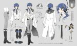 1boy black_bow black_necktie black_shoes blue_eyes blue_hair boots bow character_name coat commentary_request full_body grey_background grey_pants hair_bow kaito_(vocaloid) knee_boots long_hair long_sleeves male_focus miku_symphony_(vocaloid) necktie pants reference_sheet rella shirt shoes simple_background standing translation_request vocaloid white_coat white_shirt 