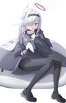  1girl :d absurdres black_coat black_hairband black_pantyhose black_sailor_collar black_serafuku black_shirt black_shoes black_skirt blue_archive blunt_bangs blush bow braid clothes_lift coat colored_inner_hair commentary dere_mono_j eyelashes eyes_visible_through_hair finger_to_mouth full_body grey_eyes hair_bow hair_over_one_eye hairband halo hand_up hands_up highres index_finger_raised knees_together_feet_apart lifting_own_clothes loafers long_bangs long_hair long_sleeves looking_at_viewer making-of_available mismatched_pupils multicolored_hair neckerchief open_clothes open_coat open_mouth pantyhose pink_hair plana_(blue_archive) pleated_skirt red_halo red_pupils sailor_collar school_uniform serafuku shirt shoes simple_background single_braid sitting skirt skirt_lift smile solo straight_hair tsurime very_long_hair white_background white_bow white_hair white_neckerchief wide_sleeves 