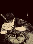  1girl black_background black_hair black_robe greyscale highres holding holding_paintbrush long_hair monochrome oni original paintbrush painting_(action) robe solo tp_p_pt wide_sleeves 