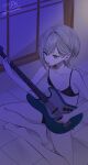  1girl absurdres bare_arms bare_legs bare_shoulders barefoot bass_guitar black_bra black_shorts bra breasts collarbone commentary fender_jazz_bass food food_in_mouth from_above full_body green_eyes grey_hair hair_behind_ear highres hinomori_shiho hot indian_style indoors instrument koromonme66 looking_at_object music no_shirt playing_bass_guitar playing_instrument popsicle popsicle_in_mouth popsicle_stick project_sekai short_hair shorts sidelocks signature sitting small_breasts solo sweat twitter_username underwear 