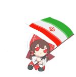  1girl black_socks brown_hair closed_mouth flag full_body fumo_(doll) hair_tubes hakurei_reimu holding holding_flag iran japanese_clothes jitome kimono maasu_(crax8834) mixed-language_commentary red_eyes red_skirt simple_background skirt socks solo touhou white_background white_kimono 