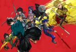  1other 2girls 6+boys androgynous armor black_hair blue_bodysuit blue_eyes blue_hair bodysuit book braid brother_and_sister character_request closed_mouth commentary_request crimson_codex_(fate) cu_chulainn_(fate) cu_chulainn_(fate/stay_night) fate/samurai_remnant fate_(series) gae_bolg_(fate) gate_of_babylon_(fate) gilgamesh_(fate) gilgamesh_(ruler)_(fate) green_kimono grey_hair highres holding holding_sword holding_weapon japanese_clothes katana kimono li_shuwen_(fate) li_shuwen_(old)_(fate) long_hair miyamoto_iori_(fate) miyamoto_musashi_(fate) miyamoto_musashi_(woman_of_niten_ichiryuu)_(fate) multiple_boys multiple_girls mura_karuki official_alternate_costume ogasawara_kaya pauldrons polearm ponytail red_background red_eyes sandals sasaki_kojirou_(fate) short_hair shoulder_armor siblings sidelocks simple_background sitting smile spear sunglasses sword toenails toes weapon yamato_takeru_(fate) 