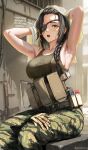  1girl ammunition_pouch armpits artist_name black_hair blonde_hair blue_eyes braid braided_ponytail camouflage camouflage_pants cigarette_pack commentary dgkamikaze english_text eyepatch girls&#039;_frontline gloves green_tank_top highres holding holding_towel long_hair looking_at_viewer m16a1_(girls&#039;_frontline) magazine_(weapon) marlboro multicolored_hair open_mouth pants pouch scar scar_on_face sidelocks single_braid sitting solo streaked_hair tank_top towel two-tone_hair unworn_gloves 