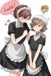  1boy 1girl absurdres alternate_costume amada_ken apron black_dress bonnet brown_hair closed_eyes closed_mouth crossdressing dress eca_leaf english_text enmaided flying_sweatdrops hair_between_eyes hand_on_another&#039;s_shoulder heart highres holding holding_tray maid maid_headdress open_mouth orange_eyes orange_ribbon persona persona_3 persona_3_portable ribbon shiomi_kotone short_sleeves simple_background speech_bubble trap tray waist_apron white_background 