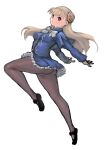  1girl black_shoes blonde_hair blue_jacket blue_skirt brown_pantyhose capcom_fighting_jam commentary_request gloves hairpods highres ingrid_(capcom) jacket johan_(johan13) long_hair long_sleeves mary_janes neck_ribbon pantyhose petticoat red_eyes ribbon shoes skirt solo white_gloves white_ribbon 