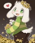 &lt;3 4_fingers anthro asriel_dreemurr black_bottomwear black_clothing blush boss_monster caprine claws clothed clothing cute_fangs digital_drawing_(artwork) digital_media_(artwork) floppy_ears flower fully_clothed fur goat green_eyes holding_object kemono long_ears long_sleeves male mammal moriguru open_mouth outline pants petals plant smile solo speech_bubble sweater tongue undertale video_games white_claws white_fur 