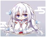  1girl blue_butterfly blue_eyes blunt_ends blush_stickers border bug butterfly c: chibi chibi_only closed_mouth eyelashes eyes_visible_through_hair full_body grey_background hair_between_eyes hakama hands_up hashtag-only_commentary highres japanese_clothes kimono long_hair long_sleeves looking_at_viewer miko mikuyaa39 naruse_shiroha official_alternate_costume outline outstretched_hand red_hakama sidelocks simple_background smile solo split_mouth standing summer_pockets very_long_hair white_border white_hair white_kimono white_outline wide_sleeves 