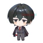  1boy black_coat black_eyes black_hair black_pants black_vest chibi closed_mouth coat coat_on_shoulders collared_shirt full_body funnibunni highres limbus_company long_sleeves looking_at_viewer male_focus necktie pants project_moon red_necktie shirt short_hair simple_background solo standing vest white_background white_shirt yi_sang_(project_moon) 