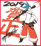  1boy 2019 black_eyes blue_hair calligraphy_brush dated galo_thymos igote koyama_shigeto looking_at_viewer male_focus new_year paintbrush promare spiked_hair 
