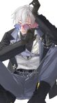  1boy absurdres belt belt_buckle black_belt black_boots black_coat black_gloves black_shirt blue_choker blue_eyes blue_hair blue_pants blush boots buckle chain chain_necklace choker coat collared_shirt commentary crossed_bangs earrings embarrassed gem gloves gold_ring green_eyes hair_between_eyes hands_up highres jewelry kaelix_debonair kaohom503 knees_up lapels long_sleeves male_focus multicolored_eyes multicolored_hair multiple_rings necklace nijisanji nijisanji_en nose_blush open_clothes open_coat pants parted_lips purple-tinted_eyewear ring round_eyewear shirt shirt_tucked_in short_hair simple_background sitting solo sunglasses sweatdrop symbol-only_commentary thumb_ring tinted_eyewear two-tone_eyes virtual_youtuber wallet_chain white_background white_hair white_shirt yellow_gemstone 