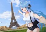  1boy 1girl :d absurdres alternate_costume azur_lane bag belt bird black_bra black_shorts blue_hair bra breasts cleavage cloud commander_(azur_lane) commission cowboy_shot crop_top day eiffel_tower grass helena_(azur_lane) highres holding_hands long_hair looking_at_viewer medium_breasts midriff navel nyle404 outdoors pointing pointing_at_object pov pov_hands purple_eyes shirt short_shorts short_sleeves shorts shoulder_bag side-tie_shirt smile stomach string_bra teeth tree underwear upper_teeth_only very_long_hair vgen_commission white_shirt 