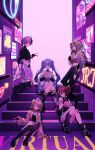  5girls absurdres ahoge aqua_eyes arm_warmers belt blonde_hair blue_eyes blue_hair boots chain choker crop_top drill_hair eyewear_on_head fingerless_gloves flower_(vocaloid) gloves green_eyes green_hair gumi hair_ornament hairband hairclip hatsune_miku high_heel_boots high_heels highres himehina_channel jewelry kagamine_rin kasane_teto kasane_teto_(sv) kneeling leg_warmers long_hair looking_at_viewer midriff multicolored_hair multiple_girls nail_polish navel necklace neon_lights pants purple_hair red_eyes red_hair ribbed_sweater ring short_hair short_shorts shorts sitting skirt sleeveless sleeveless_turtleneck smile stairs standing strapless streaked_hair sunglasses sweater synthesizer_v thighhighs translucent tube_top turtleneck twin_drills twintails v vocaloid yanagida_shiina 