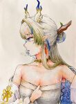  1girl arknights bare_shoulders blonde_hair blue_eyes blue_hair breasts cleavage collarbone commentary dragon_girl dragon_horns earrings grey_hair horns hot jacket jewelry le_(user_nkge7754) long_hair long_sleeves looking_to_the_side medium_breasts multicolored_hair necklace off_shoulder parted_lips pointy_ears profile shu_(arknights) solo sweat traditional_media turning_head upper_body white_jacket 