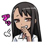  1girl 774_(nanashi) :d black_hair brown_eyes collared_shirt grin ijiranaide_nagatoro-san long_hair looking_at_viewer lowres nagatoro_hayase shirt simple_background smile smug solo tan teeth upper_body white_background white_shirt 
