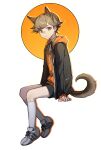  1boy absurdres amada_ken animal_ears black_jacket black_shorts brown_hair dog dog_boy dog_ears dog_tail eca_leaf full_body gekkoukan_high_school_uniform highres hood hoodie jacket kneehighs looking_at_viewer male_focus neck_ribbon orange_hoodie persona persona_3 ribbon school_uniform shoes short_hair shorts sitting sneakers socks solo tail white_background white_shoes white_socks yellow_eyes 