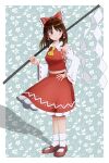  1girl absurdres ascot border bow brown_eyes brown_hair brown_shoes closed_mouth detached_sleeves floral_background frilled_bow frills full_body gohei hair_bow hakurei_reimu hand_on_own_hip highres holding holding_gohei kiyo_(tomoki6107) legs_together long_sleeves mary_janes red_bow red_skirt red_vest ribbon-trimmed_sleeves ribbon_trim shoes skirt skirt_set smile socks solo standing touhou vest white_border white_sleeves white_socks yellow_ascot 