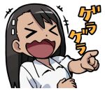  &gt;_&lt; +++ 1girl 774_(nanashi) black_hair closed_eyes collared_shirt ijiranaide_nagatoro-san laughing long_hair lowres nagatoro_hayase open_mouth pointing shirt simple_background smile solo tan upper_body white_background white_shirt 