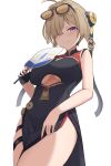  1girl absurdres ahoge black_dress black_gloves breasts china_dress chinese_clothes clothing_cutout commentary_request cowboy_shot cutout_above_navel dress eyewear_on_head fingerless_gloves from_below gloves hair_ornament hair_over_one_eye hand_fan highres holding holding_fan kirisame_oreo looking_at_viewer pelvic_curtain purple_eyes simple_background single_fingerless_glove smile solo sunglasses sweety_(zenless_zone_zero) thighs tinted_eyewear tuanshan underboob underboob_cutout white_background yellow-tinted_eyewear zenless_zone_zero 