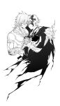  2boys absurdres arm_tattoo armlet armor black_cloak braid chest_tattoo clawed_gauntlets cloak closed_eyes cracked_skin facial_tattoo flame_reaver_of_the_deepest_dark greyscale hair_between_eyes highres holding_hands honkai:_star_rail honkai_(series) hood hood_down hooded_cloak jewelry kylesaroyan2 male_focus medium_hair monochrome multiple_boys mydei_(honkai:_star_rail) necklace pauldrons phainon_(honkai:_star_rail) shoulder_armor side_braid simple_background single_pauldron tattoo white_background yaoi 