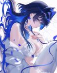  1girl 707arisu absurdres blue_eyes blue_hair bow bow_earrings bra breasts choker cleavage colored_inner_hair commentary earrings hair_intakes hand_up highres hololive hololive_english jewelry knees_up lace-trimmed_bra lace-trimmed_thighhighs lace_trim large_breasts long_hair looking_at_viewer multicolored_hair off_shoulder open_clothes open_shirt ouro_kronii parted_lips shirt sidelocks simple_background solo symbol-only_commentary thighhighs underwear virtual_youtuber white_background white_bra white_choker white_shirt white_thighhighs 