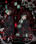  abstract abstract_background absurdres bandaid bandaid_on_face black_hair black_sweater blister_pack distortion english_text glass highres horror_(theme) jacket kaitenta1 milk milk-chan_(milk_series) milk_inside_a_bag_of_milk_inside_a_bag_of_milk multiple_views no_symbol one_eye_closed oversized_clothes pale_skin pill red_eyes short_bangs striped_clothes striped_jacket sweater tears traffic_light 