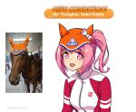  1girl :d animal_ear_headwear animal_ears artist_name beanie black_jacket bow commentary dated ear_covers elmer&#039;s english_commentary english_text flower-shaped_pupils haru_urara_(umamusume) hat hat_bow highres horse_ears horse_girl jacket meme mixed-language_commentary multicolored_jacket no_thoughts_head_empty_(meme) orange_hat photo_inset pink_eyes pink_hair ponytail red_jacket reference_inset sbarky38 simple_background smile symbol-shaped_pupils symbol_in_eye twitter_username two-tone_jacket umamusume upper_body white_background white_bow zipper zipper_pull_tab 
