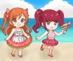  2girls :d :o a-pose alternate_costume alternate_hairstyle b_eaka bare_arms bare_shoulders beach bleach blue_sky blunt_bangs blurry blurry_background blush bow brown_eyes chibi chibi_only cloud commentary day dokugamine_riruka dress frilled_dress frills frown full_body hair_between_eyes hair_bow happy holding holding_water_gun inoue_orihime looking_at_viewer midriff miniskirt multiple_girls navel ocean one_side_up open_mouth orange_hair outdoors pink_bow pink_skirt pleated_skirt red_eyes red_hair sandals shirt single_sidelock skirt sky sleeveless sleeveless_dress sleeveless_shirt smile standing standing_on_one_leg striped_clothes striped_shirt sundress swim_ring tareme tsurime twintails v-shaped_eyebrows water_gun watermelon_innertube white_dress white_shirt 