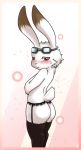  2013 anthro blush brown_fur butt clothed clothing crossdressing eyewear fur goggles king_kazma lagomorph legwear looking_at_viewer male mammal mostly_nude rabbit red_eyes sakimouni solo standing stockings summer_wars white_fur 