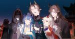  1other 2boys 3girls ^_^ absurdres arknights cheesecake chinese_commentary chongyue_(arknights) closed_eyes commentary_request cup doctor_(arknights) dragon_boy dragon_girl dragon_horns dusk_(arknights) facing_viewer food group_picture highres holding holding_cup holding_food holding_plate holding_spoon horns ling_(arknights) looking_at_viewer multiple_boys multiple_girls nian_(arknights) one_eye_closed one_eye_covered plate pointy_ears somnolence_(hranxy) speech_bubble spoken_expression spoon sui_(arknights) upper_body v 