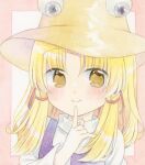  1girl blonde_hair blush brown_hat closed_mouth finger_to_mouth hair_ribbon hand_up hat highres index_finger_raised kagome_f long_hair long_sleeves looking_at_viewer moriya_suwako painting_(medium) parted_bangs portrait purple_vest red_ribbon ribbon shikishi shirt sidelocks smile solo touhou traditional_media tress_ribbon turtleneck turtleneck_shirt vest watercolor_(medium) white_shirt yellow_eyes 