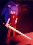  blue_fur claws crossgender ear_tuft female fur hedgehog lipstick looking_at_viewer makeup mammal melee_weapon open_maw shadisfaction sonic_(series) sonic_the_hedgehog sword sword_in_the_stone teeth tuft weapon 
