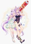  2girls absurdres animal_ear_piercing animal_ears arm_around_shoulder bare_shoulders black_one-piece_swimsuit black_shoes breasts cleavage cynthia_(uuzz5324) dress eyewear_on_head frilled_dress frills full_body gold_ship_(run_revolt_launcher)_(umamusume) gold_ship_(umamusume) green_dress high_heels highres holding horse_ears horse_girl horse_tail jewelry large_breasts long_hair looking_at_another looking_at_viewer mejiro_mcqueen_(ripple_fairlady)_(umamusume) mejiro_mcqueen_(umamusume) multiple_girls necklace official_alternate_costume one-piece_swimsuit one_eye_closed open_mouth purple_eyes purple_hair sandals shoes sunglasses swimsuit tail thigh_strap umamusume white_sandals 