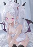  1girl ahoge bare_shoulders black_horns black_thighhighs blue_archive blush breasts breasts_apart camisole closed_mouth collarbone commentary cowboy_shot dema_hmw demon_girl demon_horns demon_wings downblouse eyelashes hair_over_shoulder hair_spread_out highres hina_(blue_archive) horns indoors leaning_forward long_hair looking_at_viewer low_wings no_bra one_side_up paid_reward_available panties parted_bangs purple_eyes purple_wings sitting small_breasts solo sparkle split_mouth strap_slip sweat thighhighs thighs tsurime underwear v_arms very_long_hair white_camisole white_hair white_panties wings 