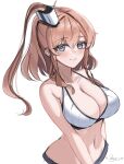  1girl bikini breasts brown_hair cleavage dimos_(dawn_1945) grey_eyes hair_between_eyes high_side_ponytail highres kantai_collection large_breasts long_hair looking_at_viewer navel official_alternate_costume one-hour_drawing_challenge ribbed_bikini saratoga_(kancolle) saratoga_(swimsuit)_(kancolle) side_ponytail sidelocks smokestack_hair_ornament solo swimsuit upper_body white_bikini 