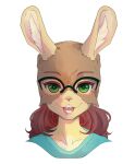 2025 anthro bag_over_head brown_body brown_fur buckteeth bust_portrait clothing corablue digital_media_(artwork) eyewear female fur glasses green_clothing green_eyes green_shirt green_topwear hair hi_res lagomorph leporid looking_at_viewer mammal open_mouth paper_bag paper_bag_mask portrait rabbit red_hair shirt simple_background smile solo teeth topwear white_background wonderbunny