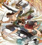  3boys bandana black_bandana black_hair black_necktie black_suit blonde_hair commentary_request green_hair hat holding holding_sword holding_weapon incoming_attack leg_up male_focus monkey_d._luffy multiple_boys necktie one_piece open_clothes open_mouth open_shirt profile roronoa_zoro runa_(nori31291404) sanji_(one_piece) scar scar_on_face shirt smoke straw_hat suit sword topless_male weapon weapon_in_mouth yellow_shirt 