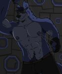 abs alternate_version_at_source anthro armpit_hair balls balls_outline barazoku belt black_bottomwear black_clothing black_pants blue_body blue_fur blue_nipples body_hair bottomwear bulge chest_hair chest_tuft clothed clothing detailed_bulge eyewear facial_hair fur genital_outline genitals goatee hairy hi_res kodiff_wolff leaning leaning_forward leaning_on_wall male mature_anthro mature_male mouth_closed mouth_scar muscular muscular_anthro muscular_male nipple_fetish nipple_piercing nipple_play nipple_pull nipple_ring nipple_ring_pull nipples notched_ear pants pecs piercing presenting raised_arm ring_piercing scar simple_background solo stubble sunglasses tuft