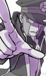  1boy coat commentary_request facial_hair gloves goatee hand_on_headwear hat highres ingo_(pokemon) jacket male_focus open_clothes open_coat parted_lips peaked_cap pointing pointing_at_viewer pokemon pokemon_legends:_arceus sasami_642 shirt short_hair sideburns solo teeth upper_body 