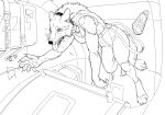 2023 anthro biped bottomwear breasts canid canine canis cheek_tuft claws cleavage clothed clothing digital_drawing_(artwork) digital_media_(artwork) electronics english_text facial_tuft female fur headphones machine mammal open_mouth pants pawpads paws sketch solo text thetarget tongue tongue_out topwear tuft wolf zero_gravity