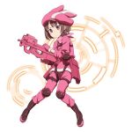  1girl animal_ears black_footwear boots brown_hair bunny_ears elbow_pads fake_animal_ears firing full_body gloves gun hat holding holding_gun holding_weapon knee_pads llenn_(sao) looking_at_viewer military military_uniform official_art open_mouth pants pink_eyes pink_gloves pink_hat pink_pants riffle short_hair simple_background solo sword_art_online sword_art_online_alternative:_gun_gale_online thigh_strap uniform weapon white_background 