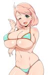  1girl :d absurdres bare_shoulders bikini blue_bikini blush breasts character_request collarbone copyright_request cowboy_shot green_eyes highres jabara_tornado large_breasts legs looking_at_viewer navel one_eye_closed open_mouth pink_hair short_hair simple_background smile solo stomach swimsuit thighs thumbs_up tongue white_background 